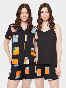Clovia - 3 Piece Tropical Print Nightwear Set In Black - Crepe (Set of 3)