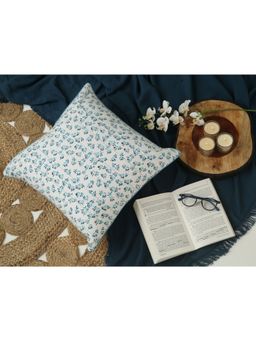 SPACES - Cotton Cushion Covers Handcrafted Hand Embroided Blockprint (Floral 45Cmx45Cm) Sky Blue