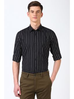 Peter England - Men Black Slim Fit Stripe Shirt