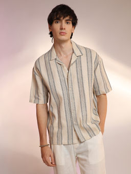 Campus Sutra - Men'S Saltbox Beige Woven Striped Oversized Shirt