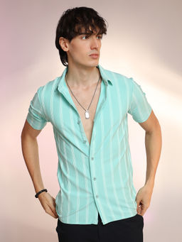 Campus Sutra - Men'S Aqua Blue Unbalanced Striped Shirt