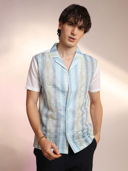 Campus Sutra - Men'S Light Blue and Pale Yellow Fish Eye Ethnic Shirt