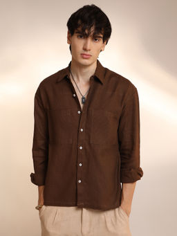 Campus Sutra - Men'S Chocolate Brown Solid Canvas Utility Shirt