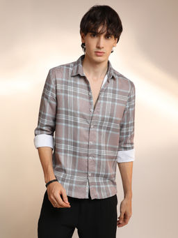 Campus Sutra - Men'S Nude Pink and Cloud Grey Tartan Plaid Shirt