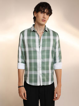 Campus Sutra - Men'S Sage Green Tartan Plaid Shirt