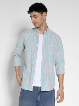 American Eagle - Men Green Slim Fit Striped Oxford Button-Up Shirt