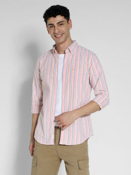 American Eagle - Men Orange Slim Fit Striped Oxford Button-Up Shirt