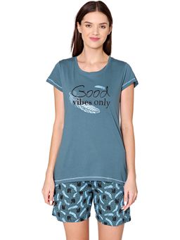 Bodycare - Womens Cotton Printed Night Suit Of T-Shirt & Shorts -BSSS17001 Green (Set of 2)