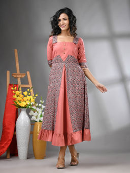 CHARUKRITI - Peach Modal Ruffled Ethnic Dress with Ajrakh Print