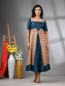 CHARUKRITI - Teal Modal Ruffled Ethnic Dress with Ajrakh Print