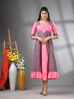 CHARUKRITI - Pink Modal Ruffled Ethnic Dress with Ajrakh Print