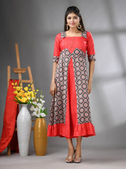 CHARUKRITI - Red Modal Ruffled Ethnic Dress with Ajrakh Print
