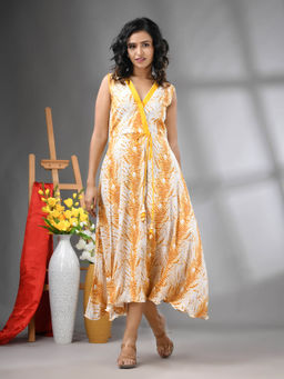 CHARUKRITI - White and Mustard Rayon Shibori Printed Ethnic Dress