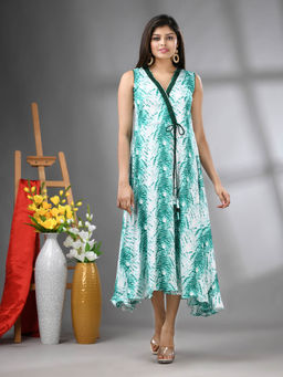 CHARUKRITI - White and Green Rayon Shibori Printed Ethnic Dress