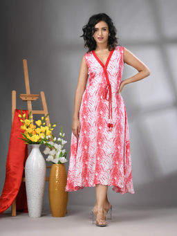 CHARUKRITI - White and Red Rayon Shibori Printed Ethnic Dress