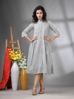 CHARUKRITI - White Cotton Midi Dress with Stripe Pattern