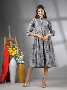 CHARUKRITI - Grey Cotton Midi Dress with Stripe Pattern