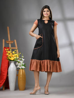 CHARUKRITI - Orange Cotton Solid A-Line Ethnic Dress with Ruffle