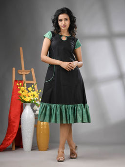 CHARUKRITI - Green Cotton Solid A-Line Ethnic Dress with Ruffle