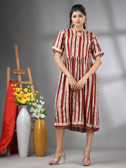 CHARUKRITI - Dark Red Rayon Midi Dress with Sequence Work