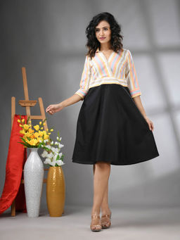 CHARUKRITI - Multicolor and Black Cotton Blend Flared Knee Length Dress
