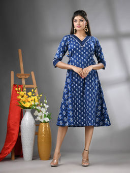 CHARUKRITI - Navy Blue Cotton Printed A-Line Ethnic Dress