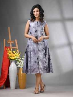 CHARUKRITI - Grey Rayon Abstract Printed A-Line Ethnic Dress