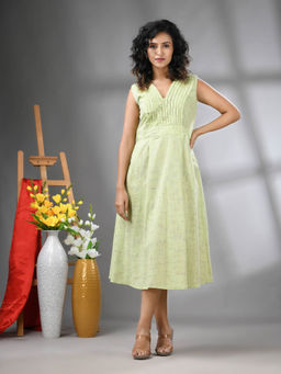 CHARUKRITI - Light Green Cotton Fit and Flared Midi Dress
