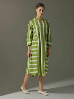 Dora Dori - Pure Cotton Relaxed Fit Green and White Striped Straight Dress with Pockets