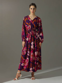 Dora Dori - Relaxed Fit Floral Printed Viscose Rayon Maxi Wrap V-Neck Dress with Long Sleeves