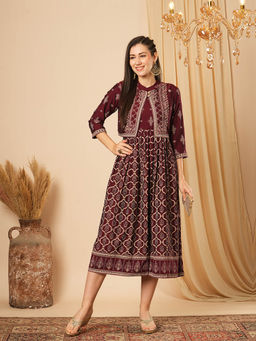 Globus - Maroon Print A-Line Midi Festive Dress with Sleeveless Detachable Koti (Set of 2)