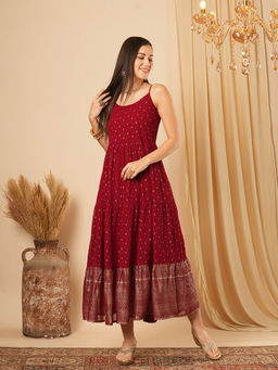 Globus - Maroon Strappy Shoulder Gold Foil Ethnic Motifs Smocked Tiered Fit and Flare Maxi Dress