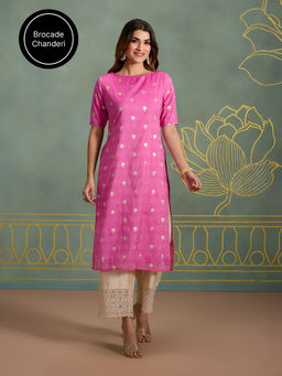 Likha - Pure Chanderi Brocade Festive Essential Straight Kurta With High Slit LIKBASKU01