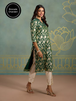 Likha - Brocade Straight Green Kurta with Sequins Work LIKBASKU02