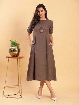 BohoJazz - Umber Brown Princess Cut Linen Midi Dress