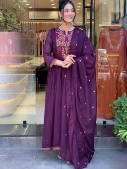 Gahan - Anarkali Kurta Purple Chanderi Silk Regular Straight Pant with Dupatta