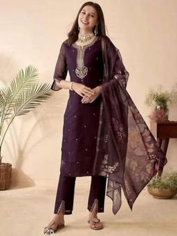 Gahan - Anarkali Kurta Purple Pure Cotton Regular Straight Knee Length