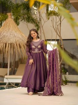 Gahan - Anarkali Kurta Purple Chanderi Silk Regular Flared Palazzo with Dupatta