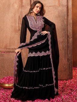 Gahan - Kurta Black Georgette Regular Straight with Sharara and Dupatta