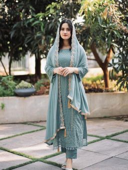 Gahan - Kurta Sky Blue Georgette Regular Straight with Pant and Dupatta