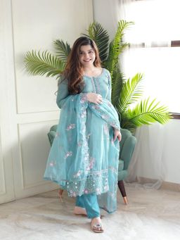 Gahan - Kurta Blue Chinon Regular Straight with Pant and Dupatta