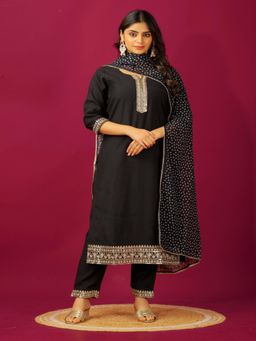 Gahan - Kurta Black Silk Blend Regular Straight with Pant and Dupatta