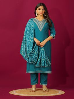 Gahan - Kurta Blue Silk Blend Regular Straight with Pant and Dupatta