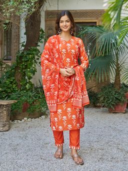 Gahan - Kurta Orange Cotton Blend Regular Straight with Pant and Dupatta