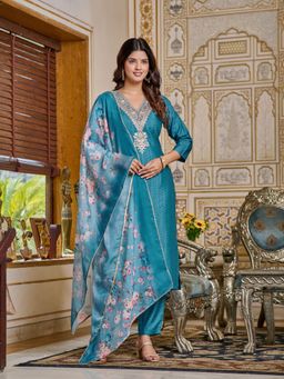 Gahan - Kurta Blue Viscose Rayon Regular Flared with Pant and Dupatta