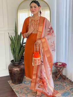 Gahan - Kurta Orange Viscose Rayon Regular Flared with Pant and Dupatta