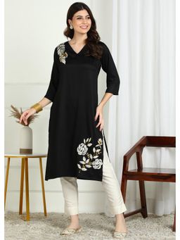 Gahan - Black Embroidered Rayon Satin Kurta