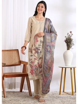 Gahan - Women Beige Jham Dhani Silk Embroidered Kurta with Pant and Dupatta