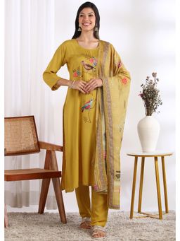 Gahan - Women Mustard Rayon Embroidered Kurta with Pant and Dupatta