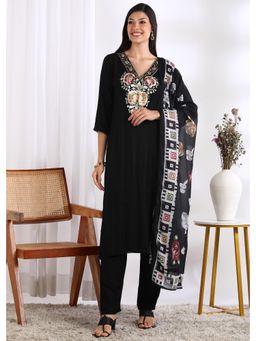 Gahan - Women Black Rayon Embroidered Kurta with Pant and Dupatta